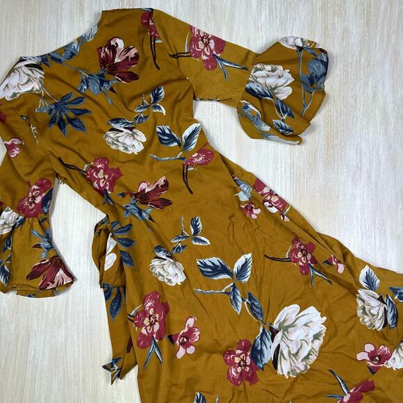 Lulu's Love & Light Mustard Yellow Floral Print Midi Romantic Faux Wrap Dress XS - Picture 11 of 16